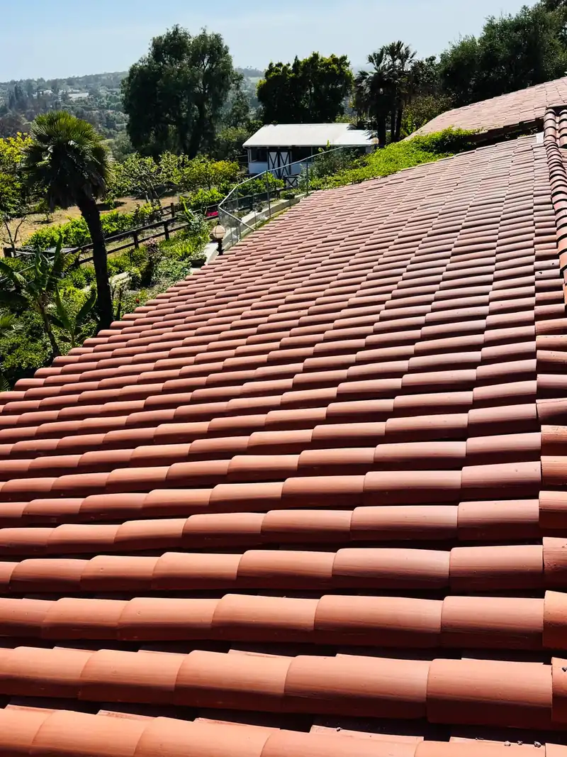 Long run of clay barrel tile down a roof slope toward a hillside garden