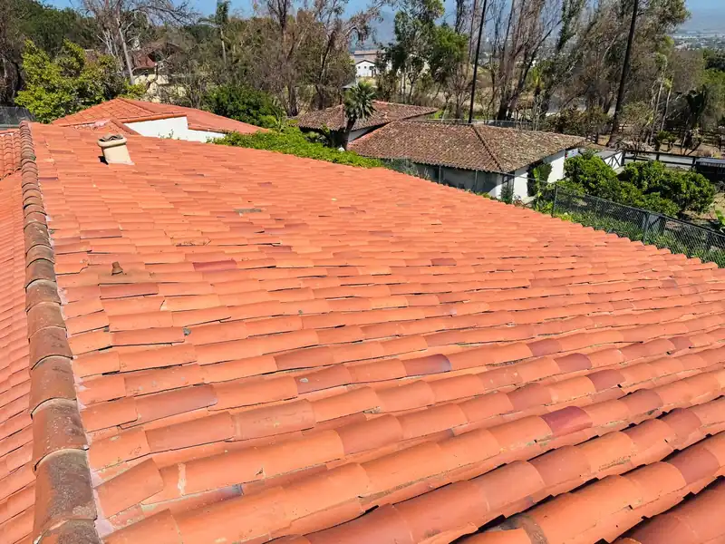 Long run of red clay barrel tile along a roof ridge, with neighboring tile roofs and trees